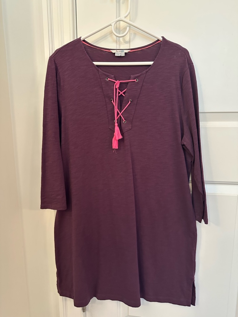 Boden Purple Tunic Dress Size 14 | Tassel Lace-Up Neck | 3/4 Sleeve Mini Dress
